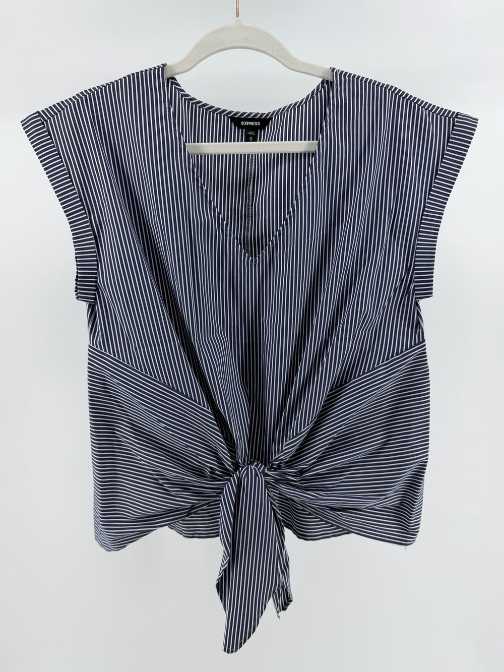Express Navy White Striped V-Neck Blouse Top Coastal Nautical, Women's Medium